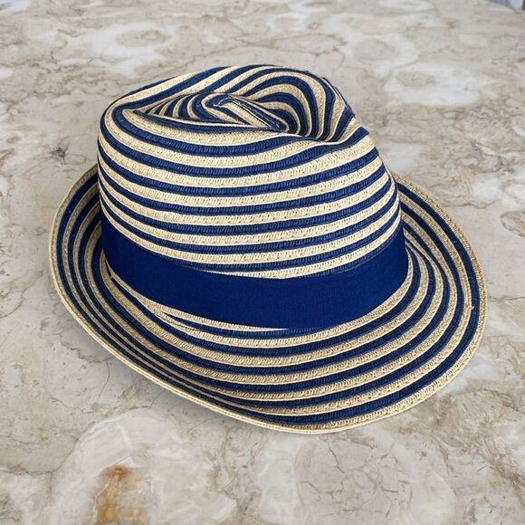 Papillon Panama Style Hat Blue and Straw Colored Stripes 100% Recycled - Picture 5 of 10